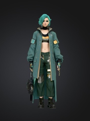 Končni render cyberpunk karakterja z zelenimi lasmi v zelenem plašču — po teksturiranju