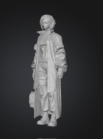 AI generiran STL mesh cyberpunk ženske v plašču — surov mesh model