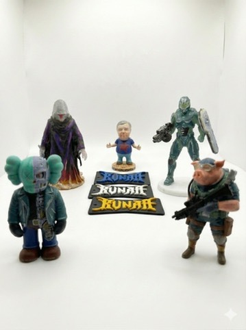 Set AI generiranih 3D figuric — fantasy in sci-fi karakterji (mag, super-junak, vojak, cyberpunk lik, antropomorfni prašič) — natisnjeno po AI generiranih modelih v delavnici 3DShop.si