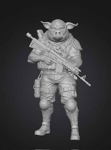 AI generiran STL mesh antropomorfnega prašiča-vojaka v taktični opremi s puško — surov 3D mesh model pred teksturiranjem