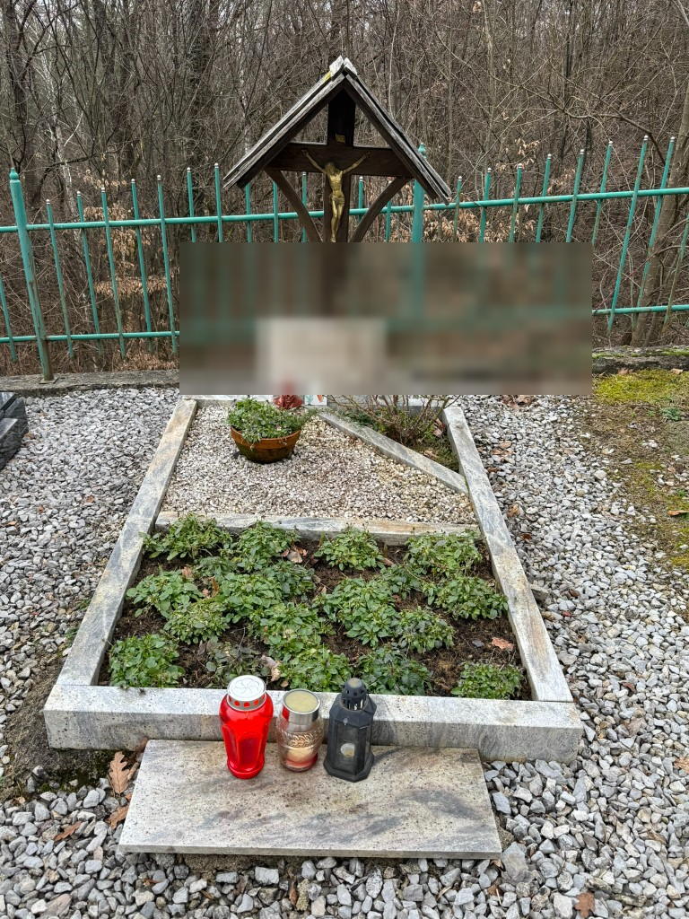 Nagrobni kipec na družinskem grobu z lesenim križem - širši pogled na postavitev